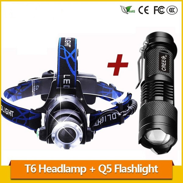 Zoom 3800LM T6 LED Headlamp Headlight Rechargeable 18650 Battery Head Lamp + Q5 Mini LED Flashlight Zoomable Tactical Torch