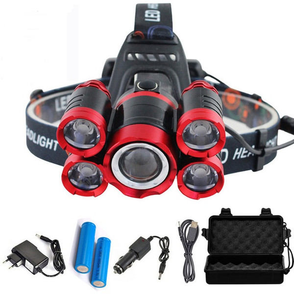 40000 Lumens LED Headlamp 5*T6 4 modes Zoomable LED Headlamp Rechargeable Head Lamp Flashlight+2*18650 Battery+AC/DC Charger+BOX