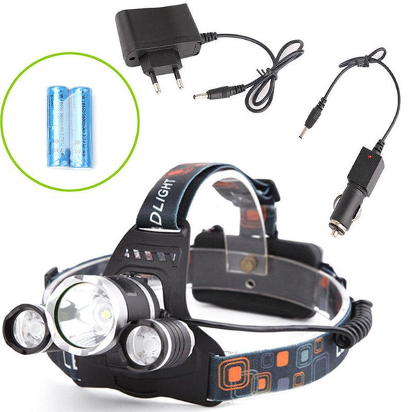 LED Headlamp 6000 Lumens 3 x XM-L T6 Headlight Snow Proof High Power LED Headlamp Head Torch Lamp Flashlight Head +charger+car charger