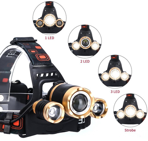 3 x XM-L T6 Headlamp Zoomable 12000 Lumens Hunting Camping Head Light Torch High Power 18650 Battery+Car Charger LED Flashlight Head