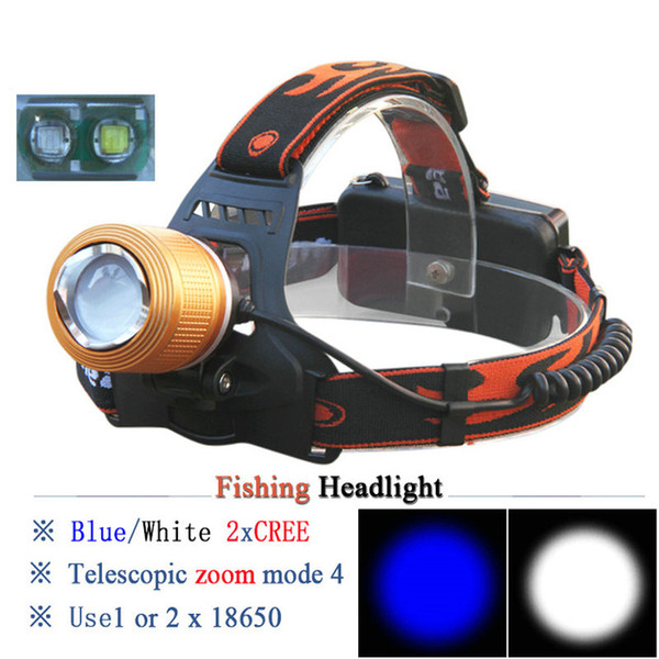 Zoom LED Headlamp White Blue Light XML T6 Waterproof Headlight 18650 Battery Fishing Head Lamp Torch Head Light for Hunting