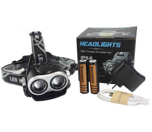 Ultra Bright XML T6 LED Headlamp Headlight Head Lamp Zoom Double Head Torch Light for Hunting Camping + 18650Battery + AC Charger