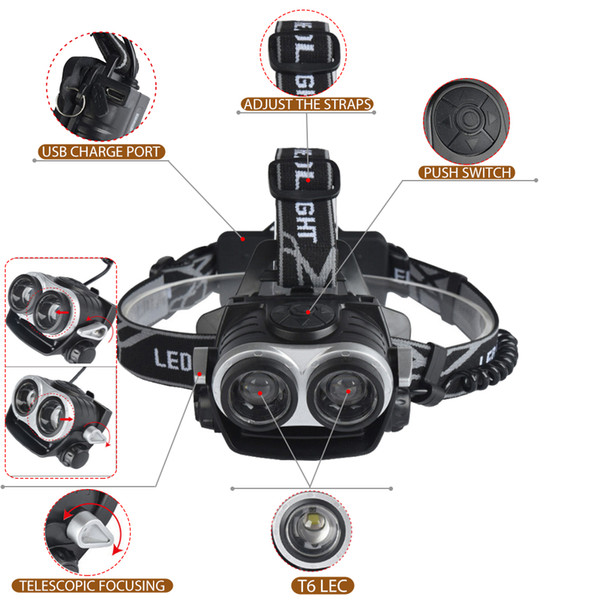 Double Head T6 LED Headlight Stepless Zoom Hunting Headlamp Head Light USB Rechargeable Waterproof Ultra Bright Bike Light