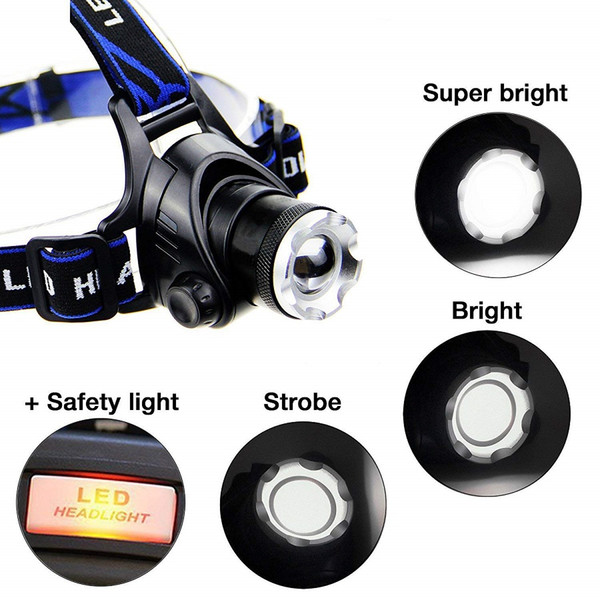 Waterproof 2000LM XML T6 LED Adjustable Focus Headlamp Headlight with Safety Warning Light Zoom Head Lamp Torch for Hunting Camping