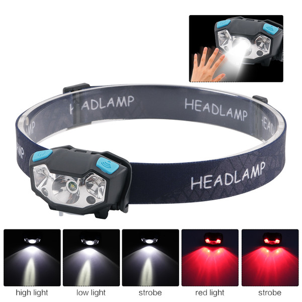 Motion Sensor Mini LED Headlamp USB Rechargeable Running Headlight Head Torch Lamp White light + red light Bicycle Head Light