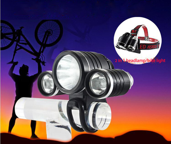 2 in 1 LED Headlamp Bike Light Headlight XML T6 2*Q5 LED 4 Modes Rechargeable Torch Head Lamp with Battery Charger Free DHL