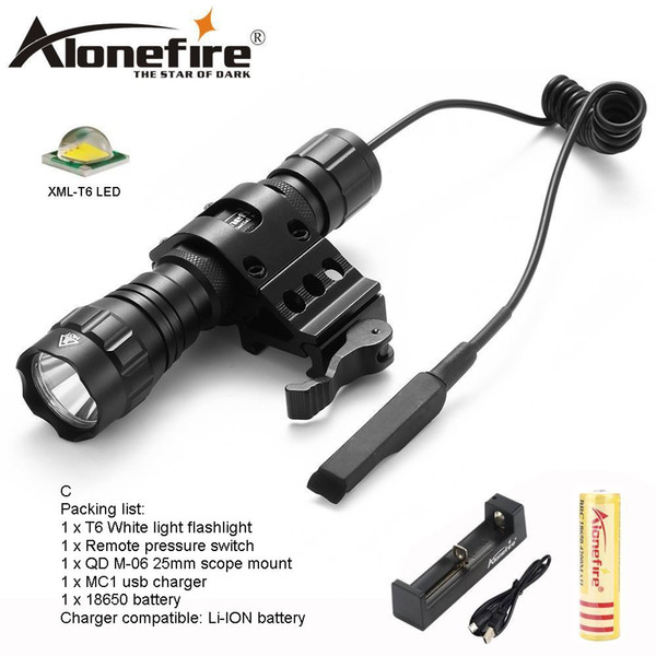 AloneFire 501Bs Cree XML-T6 LED Tactical Flashlight mounted lights with Switch ro Universal Mount Hunting lamp for 1x18650 battery