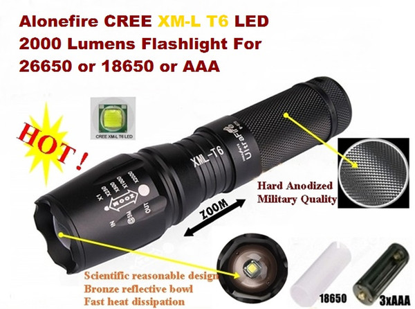 USA EU Hot Sell E26 CREE XM-L T6 2000Lumens 5-Mode LED CREE Flashlight T6 Torch(26650 18650/Dry cell )