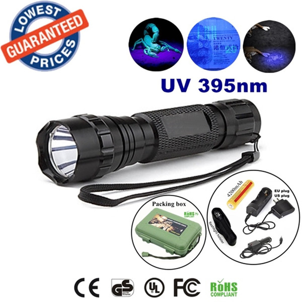 USA EU Hot Sel 501b 395nm Uv LED Flashlights Ore id Currency Passports Detector UV lamplight torches lamps with 18650 batteries and charger