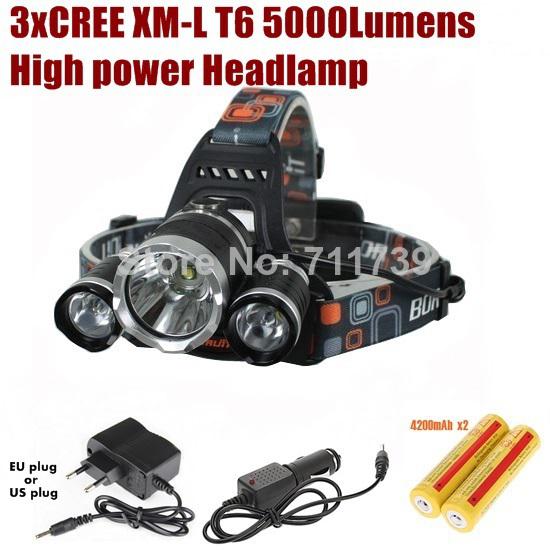 AloneFire HP03 high power 3xCREE XM-L T6 LED 5000Lumens 4 Mode LED Headlamp Headlight+Charger/Car charger/2x18650 battery