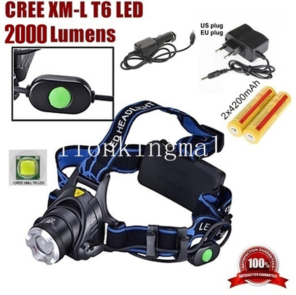 A88 CREE XM-L XML T6 LED 2000 Lumens Zoomable Rechargeable LED Headlight / Headlamp CREE + 2x18650 Battery +AC Charger+car charger