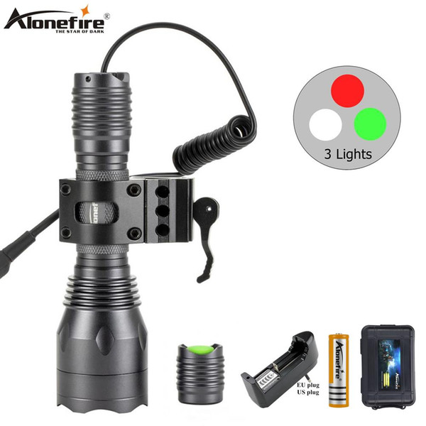 AloneFire C10 LED Tactical Hunting Flashlight Red Green White Rifle Gun Light+Press Remote Switch+20mm Rail Barrel Mount Tactics of climbing