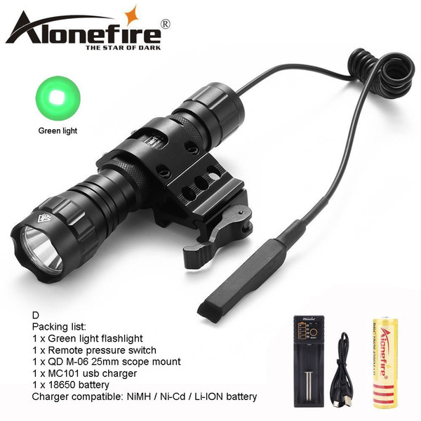 AloneFire CREE 501Bs Green Light LED Tactical Flashlight Torch Pressure Switch Tactical Mount Hunting Light Lamp for 18650 battery