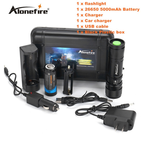 Alonefire H220 CREE XM-L T6 LED 5Mode Zoomable USB Flashlight Torch light with 1x26650 Battery and charger