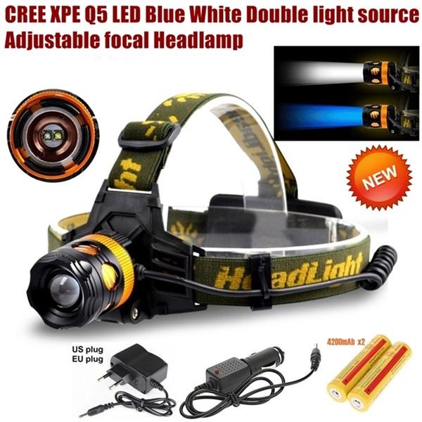 AloneFire HP82 Cree XPE Q5 2 LED Blue white Double light source Zoom led Headlamp Headlight with 2 x18650 rechargeable battery/AC charger/