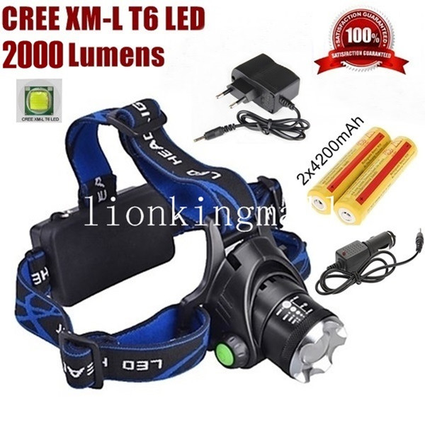 AloneFire HP79 CREE XM-L XML T6 LED 2000 Lumens zoom Rechargeable Headlight LED Headlamp + 2x18650/Charger/ car charger