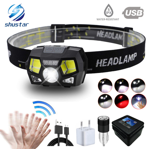 Super bright LED Headlamp Built-in inductive sensor USB rechargeable 6 lighting mode LED Headlight for running, fishing, etc.