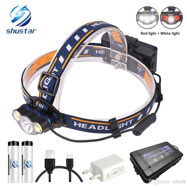 Super bright LED headlamp White light + Red light fishing headlight 7 lighting modes flashlight Use 2 x 18650 batteries