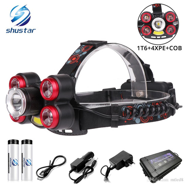 Glare LED Headlamp Zoomable Headlight 1T6+4XPE+COB led lamp bead outdoor lighting 5 switch modes Use 2x18650 battery