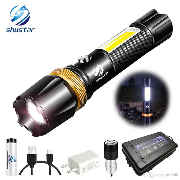 Super bright Waterproof LED Flashlight With COB side light Rotary zoom 3 lighting modes Powered by 18650 battery for camping