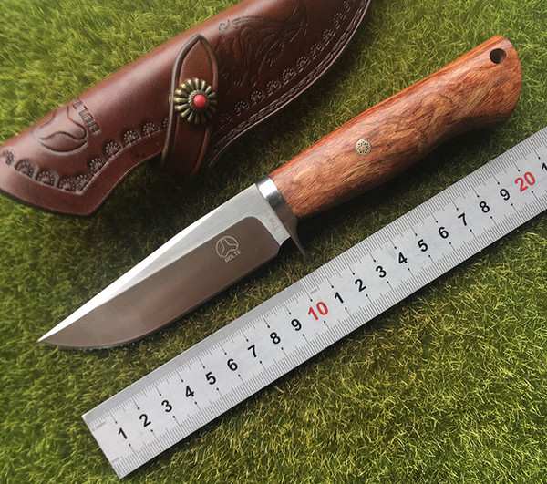 BOLTE VEYRON 12C27 blade wood handle Tactical fixed blade Small straight knife leather Sheath outdoor camping EDC knives tools