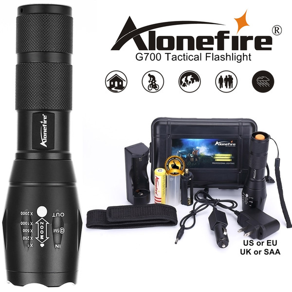 AloneFire G700/E17 Cree XML T6 5000Lm High Power LED Zoom Tactical LED Flashlight torch lantern hike Travel light 18650 Rechargeable battery