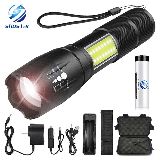 LED flashlight side COB lamp design T6/L2 8000 lumens Zoomable torch 4 light modes for 18650 battery + charger +gift