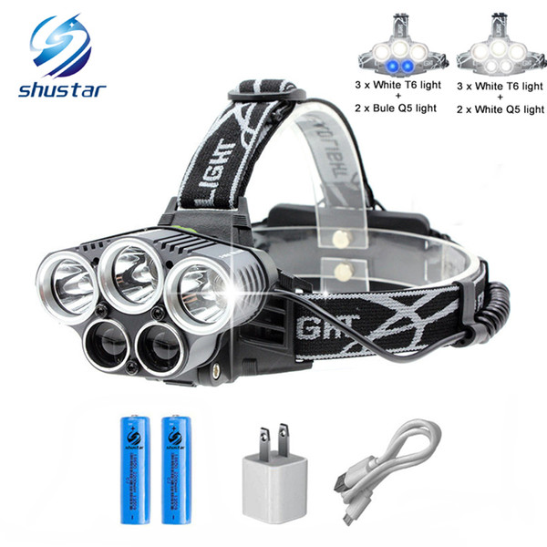 Shustar Blue light white USB 5 led headlamp head lamp headlight T6 Q5 15000 lumens powerful led flashlight head torch lamp