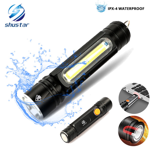 Multifunctional LED Flashlight USB Inside rechargeable battery Powerful T6 torch Side COB light design flashlight tail magnet