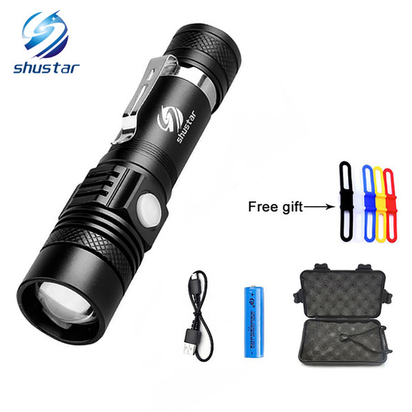 Shustar XML-T6 LED Flashlight Torch 3800Lumens zoomable led torch For 18650 battery aluminum+USB charger+Gift box+Free gift