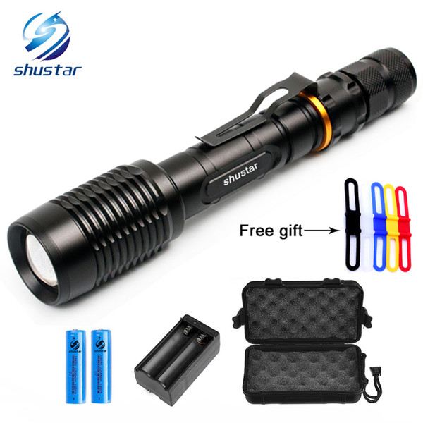 Shustar XM-L T6/L2 LED Flashlights Torch 8000Lumens zoomable led torch For 2x18650 batteries aluminum+charger+Gift box+Free gift