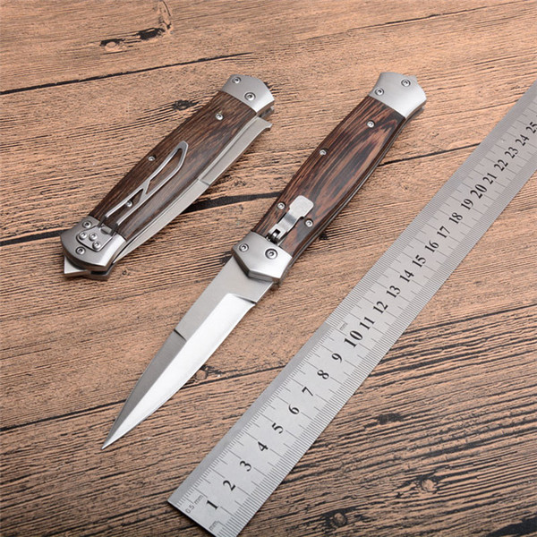 New Horizontal Automatic Tactical Folding Knife 8Cr13 Satin Blade Wood Handle Outdoor EDC Pocket Knives With Nylon Sheath