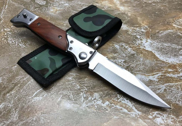 wholesale AUTO automatic wood handle knife Camping Hunting Survival knife Cowskin scabbard 1pcs Free shipping