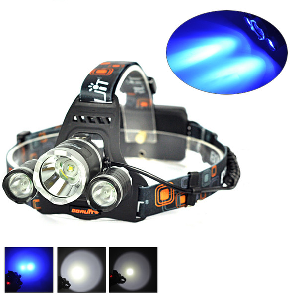 BORUIT 6000LM 3x Cree XML T6 White+2R5 Blue LED 18650 Headlight Headlamp Head Headlamps Headlight Headlamp Head Lamp Light Torch USB Lamp