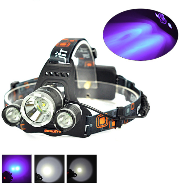 BORUIT 6000LM 3x Cree XML T6 White+2R5 395nm UV LED Headlight Headlamp Head Headlamps Headlight Headlamp Head Lamp Light Torch USB