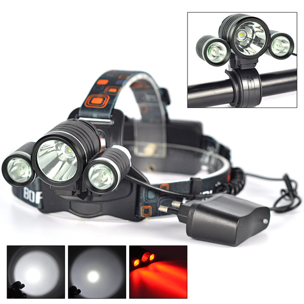 BORUIT 6000LM 3x CREE XM-L T6 White+2R5 Red LED Bicycle Head Light Headlamp Head Torches USB Lamp Charge