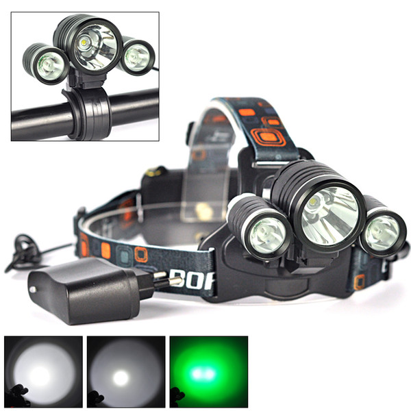 BORUIT 6000LM 3 x CREE XML T6 White+2R5 Green LED Headlamp Bicycle Head Light Headlamp Head Torches USB Lamp Charge