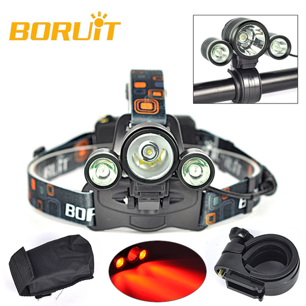 BORUIT 3 x XM-L T6 White+2R5 Red LED 6000LM Bicycle Head Light Headlamp Torch USB Lamp Charge