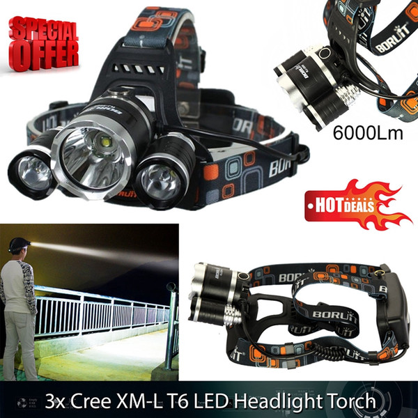 Hot 18650 Rechargeable LED Headlight Torch 6000LM 3x XM-L T6 HeadLamp Head Flashlight accessories AC Charger + Car Charger