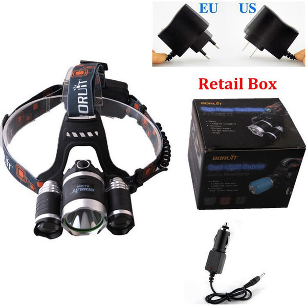 5000 Lumen LED Headlamp 18650 Headlight CREE XM-L T6+2R5 Head Torch Lamp + AC Charger + Car Charger For Outdoor Camping
