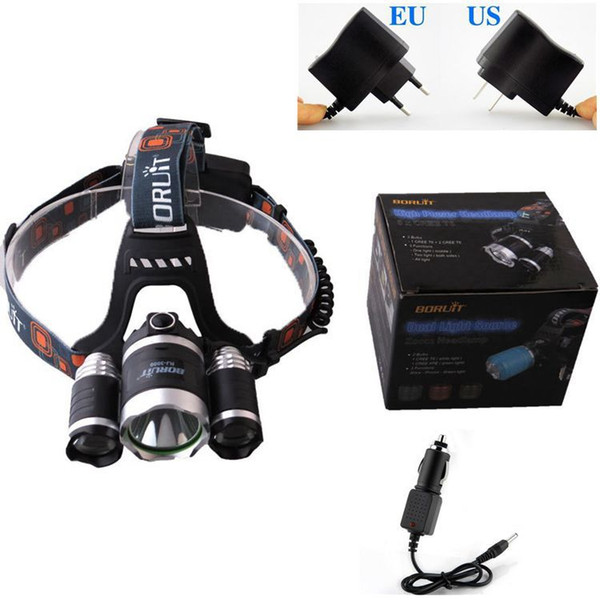 HOT Boruit 5000 Lumens Headlight 3 LED CREE XM-L T6+2R5 Head Lamp High Power LED Headlamp + AC Charger + Car Charger Free Shipping