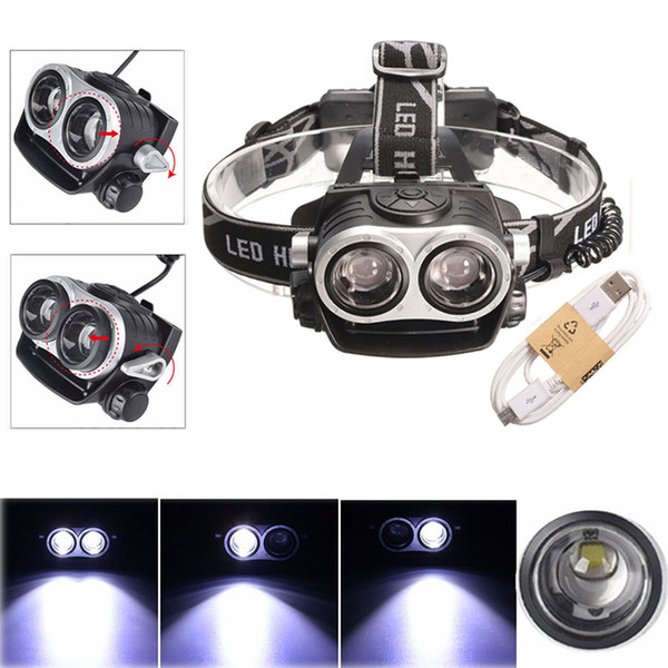 New 5000lm USB Rechargeable 2*Cree T6 LED Headlamp Headlight Flashlight Torch Bike Light 18650 USB Charging Telescopic Zoom