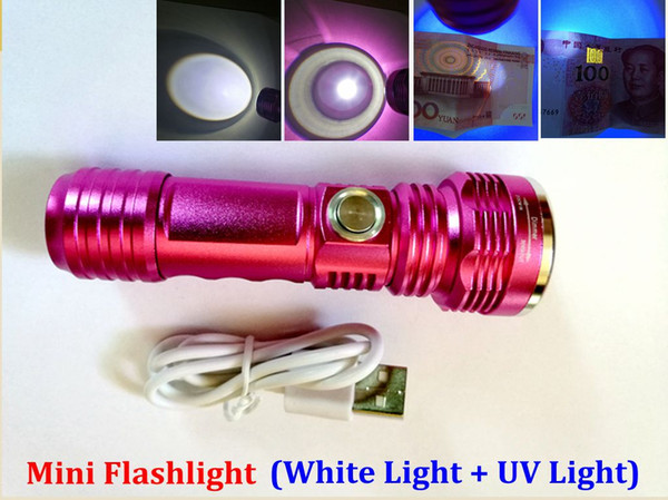 NEW Multifunction UV Light Cree LED Mini Flashlight Zoom Torches Floodlight Purple/White Light USB Charging 16340 Battery Free Shipping