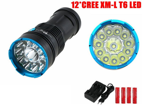 New High Power 12000LM 12T6 LED Flashlight CREE T6 Electric Torch Light Lamp Linternas 3-Mode + 18650 Battery + Charger Free Shipping