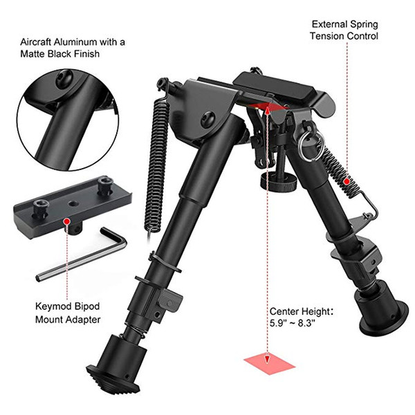 6 Inch To 9 Inch Adjustable hunting Bipod Mount Spring Return Harris Style 6 Levels w/ Weaver Picatinny MLOK Keymod Rail Mount Adapter