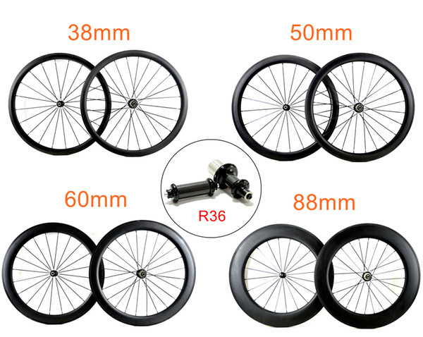 700C Road Bicycle carbon wheels 25mm width 38/50/60/88mm depth clincher/tubular carbon wheelset with powerwayR36 hubs ,UD/3k matte finish