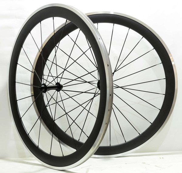 Free shipping 700C 50mm depth 25 mm width alloy brake surface carbon wheels clincher road bicycle wheelset with Powerway R13 hub.