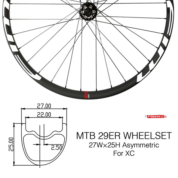 27mm wide Asymmterial Carbon Mountain Bike XC/Trail wheels Thru Axle Clincher Tubeless 29er Hookless MTB Wheelset