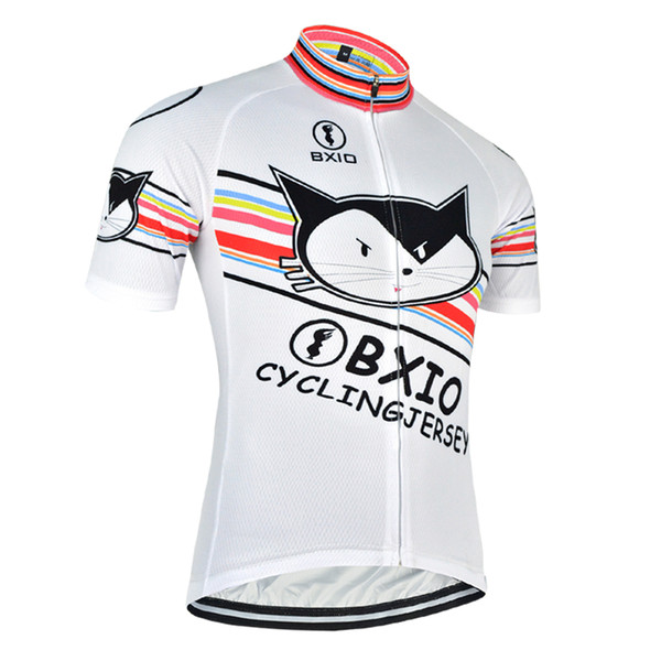 BXIO Brand Cycling Jersey Men Cat Pattern White Bike Clothing Anti Pilling Cycling Jersey 3 Rear Pockets Bicycle Jersey BX-082