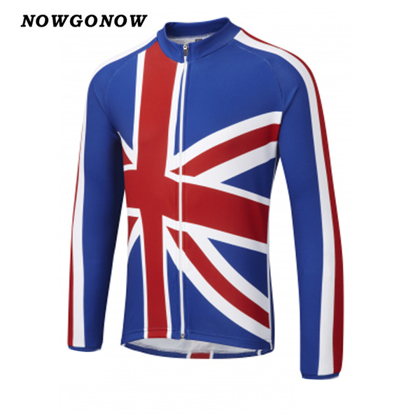 Men 2017 cycling jersey bike wear clothing United Kingdom flag uk Great Britain GB summer long sleeve blue white mtb road NOWGONOW